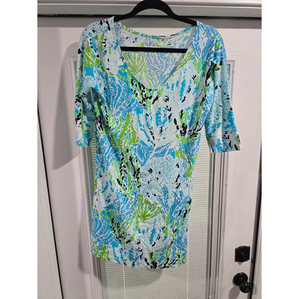 Lilly Pulitzer Blue Green Coral Reef Pima Cotton V-Neck T-Shirt Dress Small